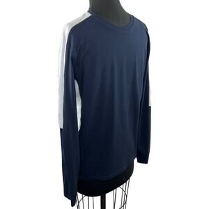 Patrick Assaraf Pima Cotton Round Neck Colorblock Long Sleeve Tee Blue & White M